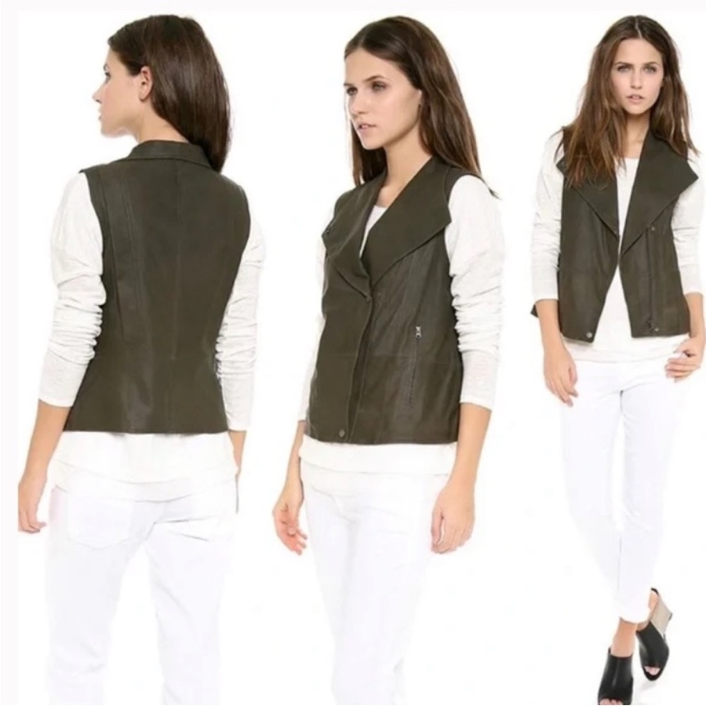 VINCE Military Moto Lambskin Paper Leather Vest Jacket in Olive Green | M - Picture 2 of 6